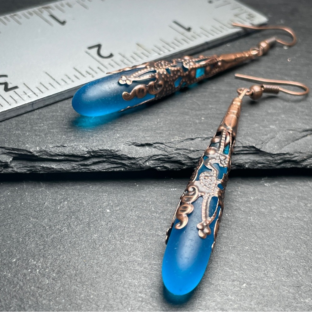 Artisan Boho Elegant Brilliant Blue Frosted Glass Antique Copper Drop Earrings - Picture 7 of 11